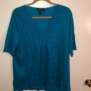 August Silk turquoise tunic w yarn trim at neck